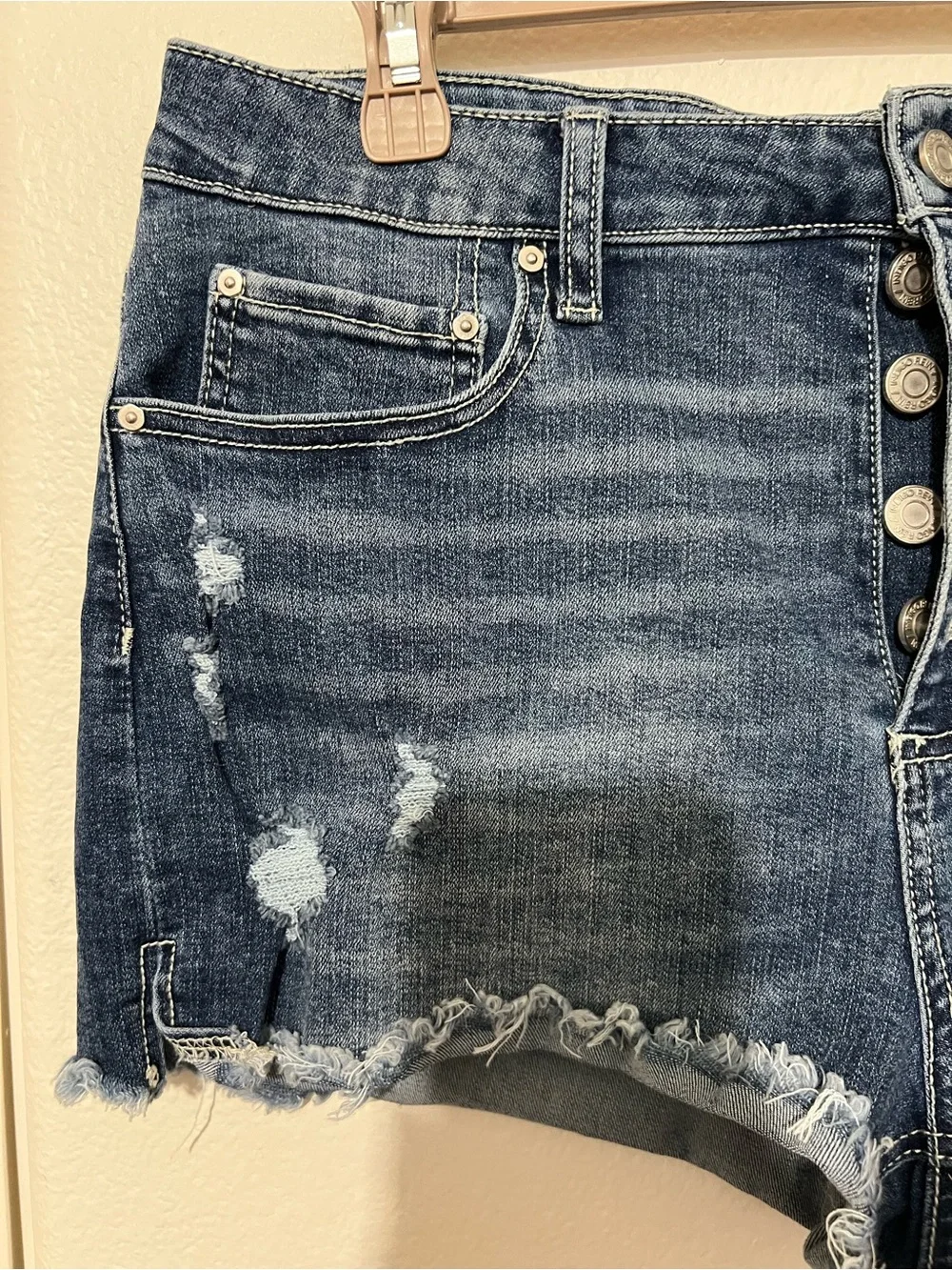 Indigo Rein Distressed Dark Blue Denim Button-Fly Shorts
